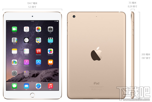 ipad mini3土豪金正面背面厚度尺寸